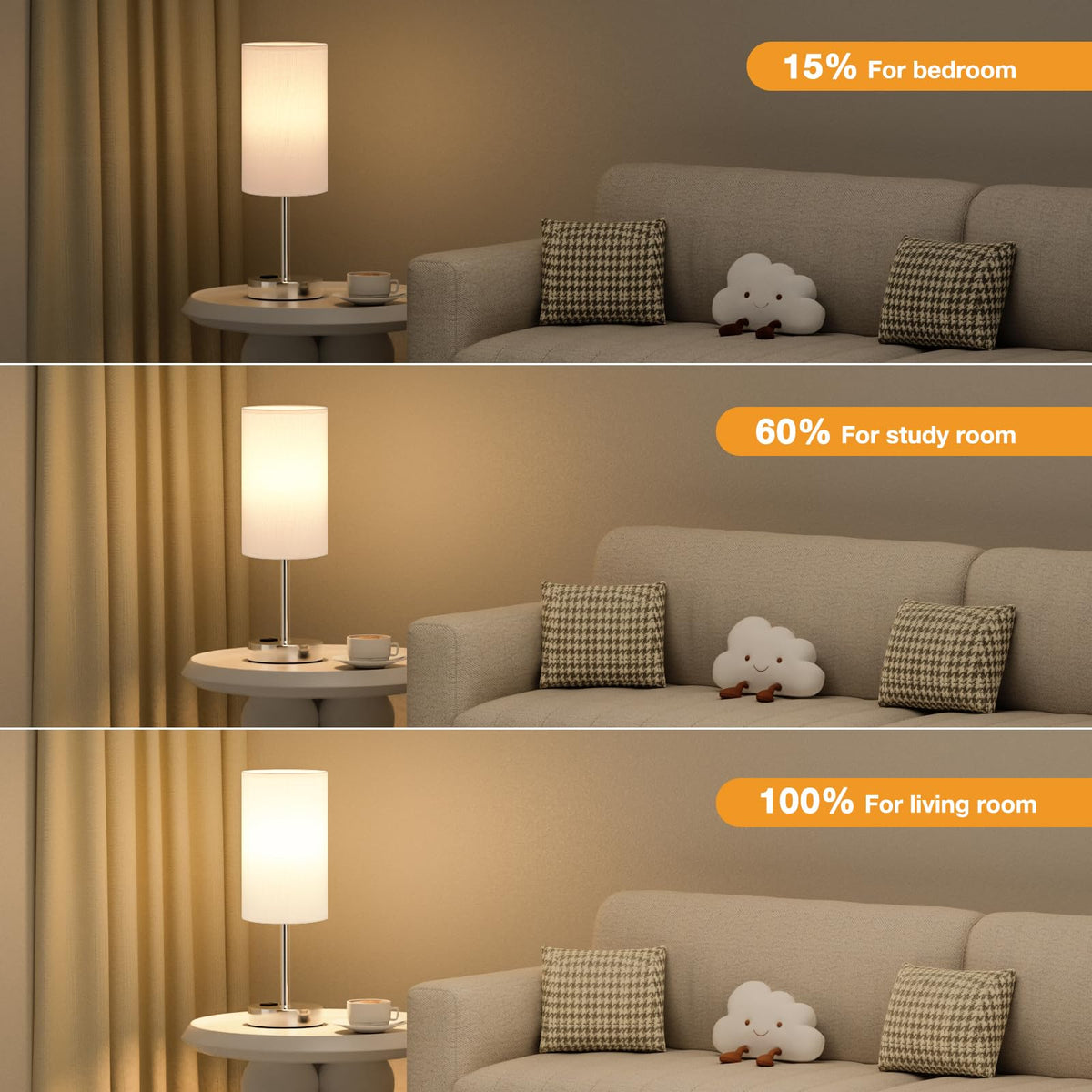 Bedside Table Lamp - Dimmable Touch, Wood-Grain Metal Base