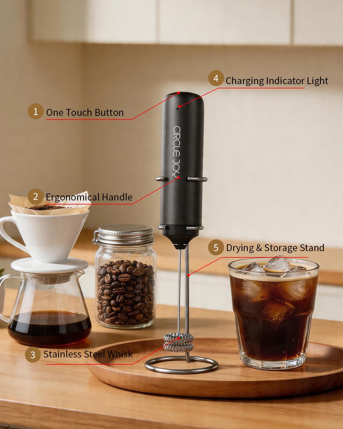 CIRCLE JOY Rechargeable Milk Frother Handheld, Dual Coil Whisk Head Electric Coffee Frother, Portable Hand Frother Wand Drink Mixer for Matcha Lattes Cappuccino, Kitchen Gifts, Black