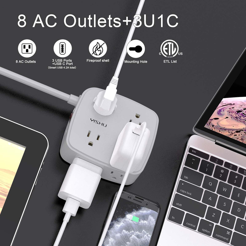 YISHU 6Ft Surge Protector Power Strip with 8 Widely Outlets & 4 USB Ports