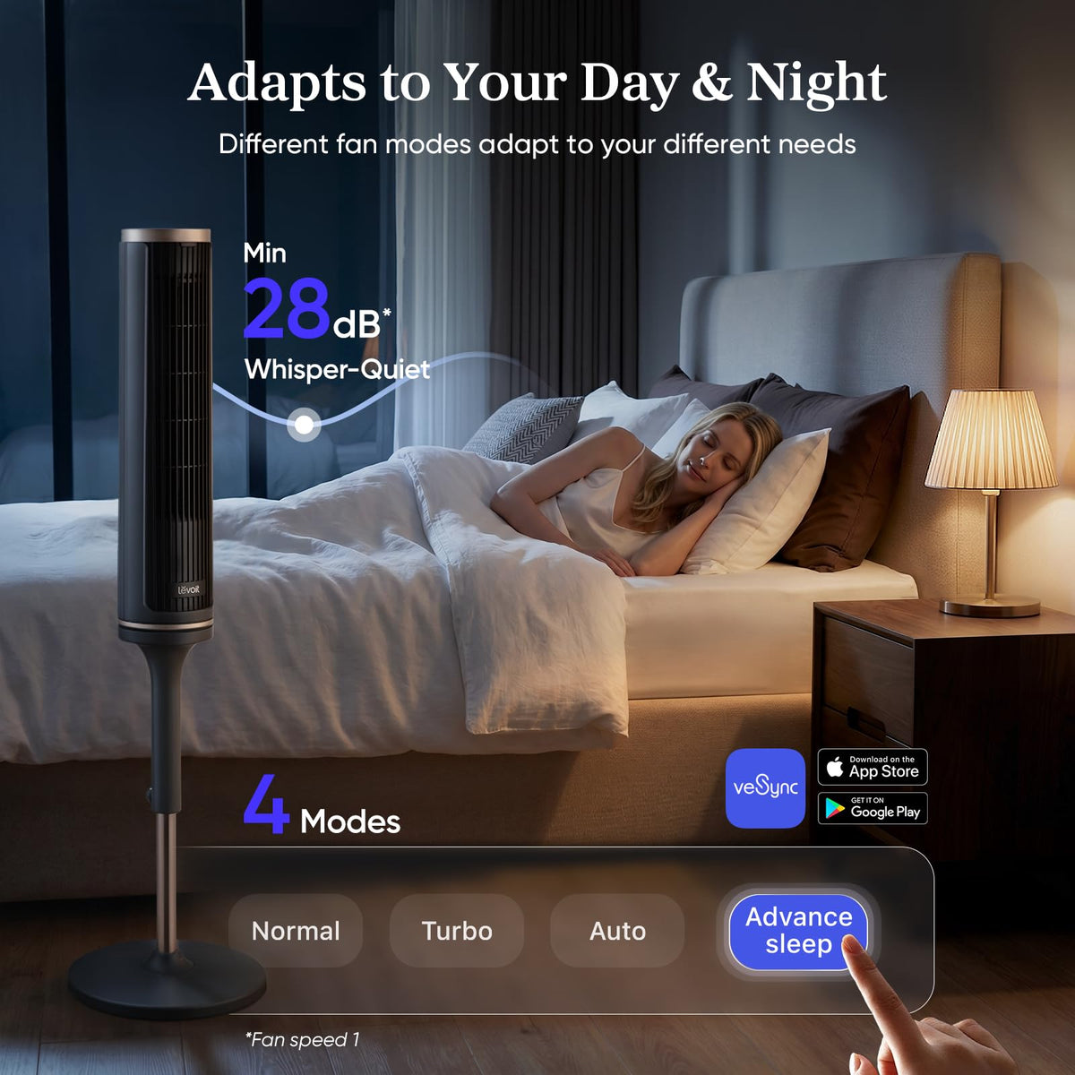 Levoit Tower Fan for Bedroom, Standing Fan with 36”-47” Adjustable Height