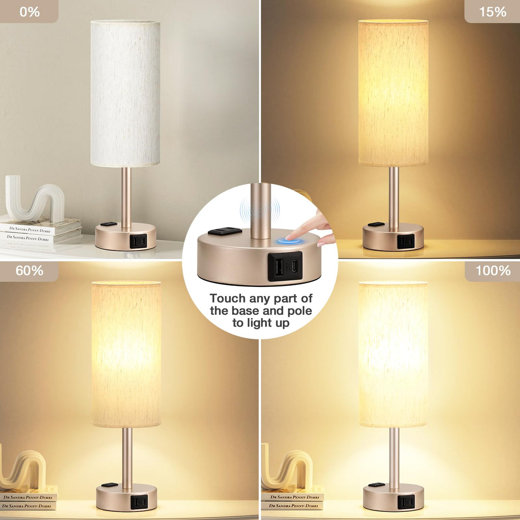 Bedside Table Lamp - Dimmable Touch, Wood-Grain Metal Base