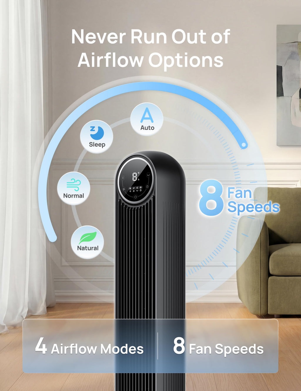 DREO Tower Fan for Bedroom, 25ft/s Velocity, 28dB Ultra Quiet, 4 Speeds