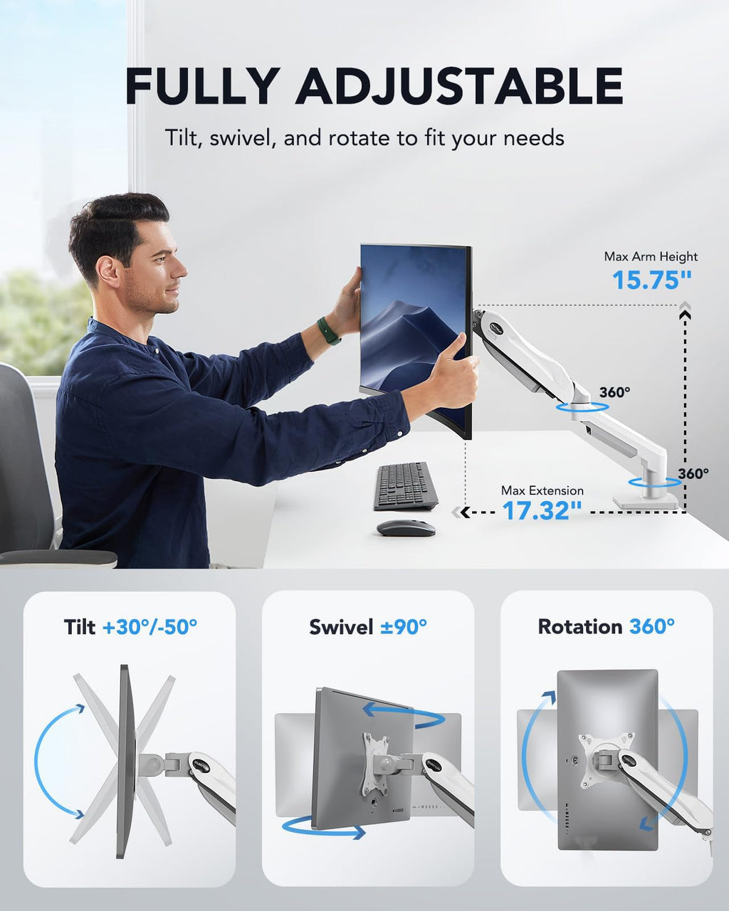FlowLift™ Single Monitor Mount, 13 to 32 Inch Monitor Arm