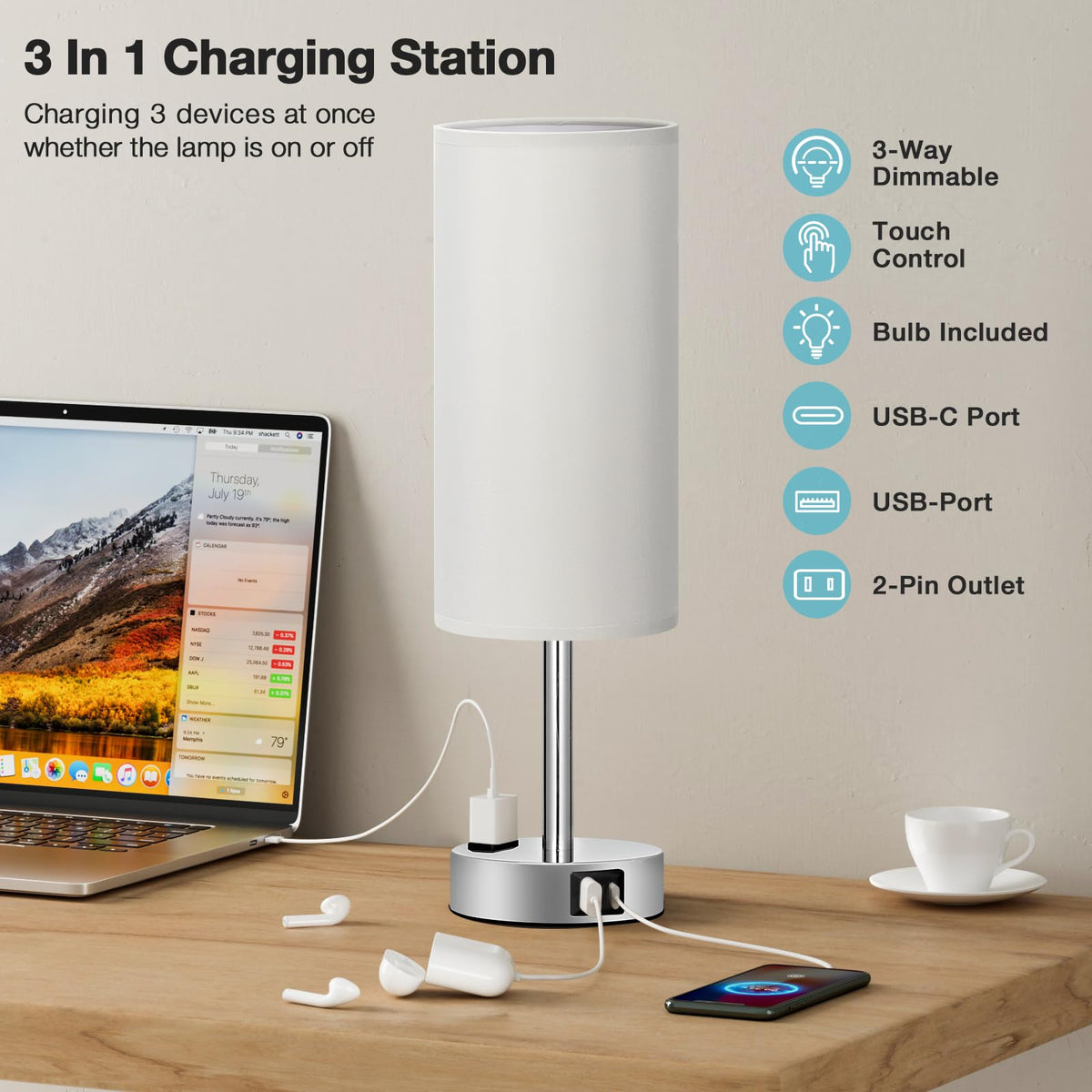 Bedside Table Lamp - Dimmable Touch, Wood-Grain Metal Base