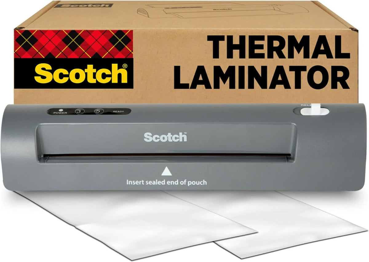 Scotch thermal laminator with a cardboard box labeled 'Thermal Laminator' in the background.