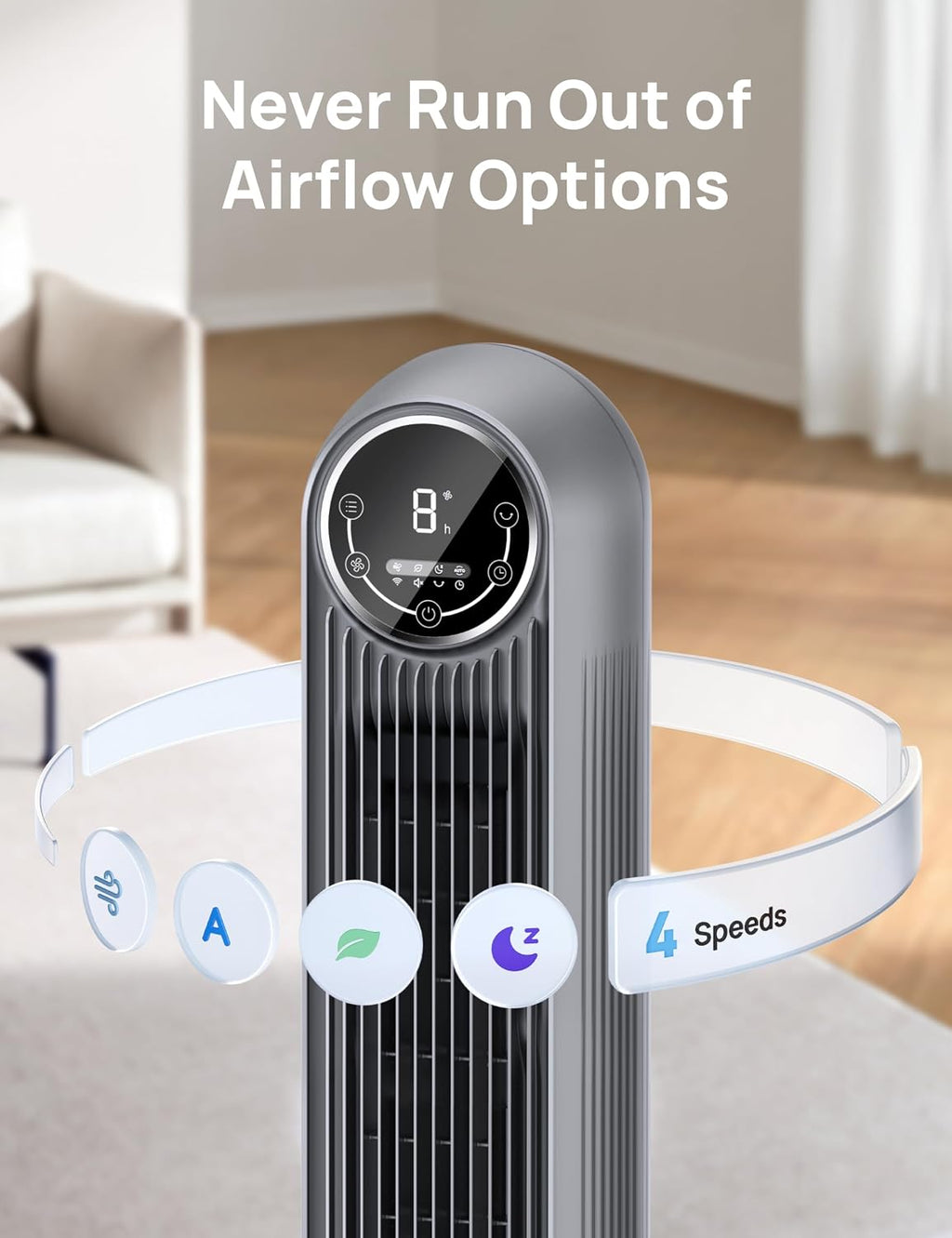 DREO Tower Fan for Bedroom, 25ft/s Velocity, 28dB Ultra Quiet, 4 Speeds