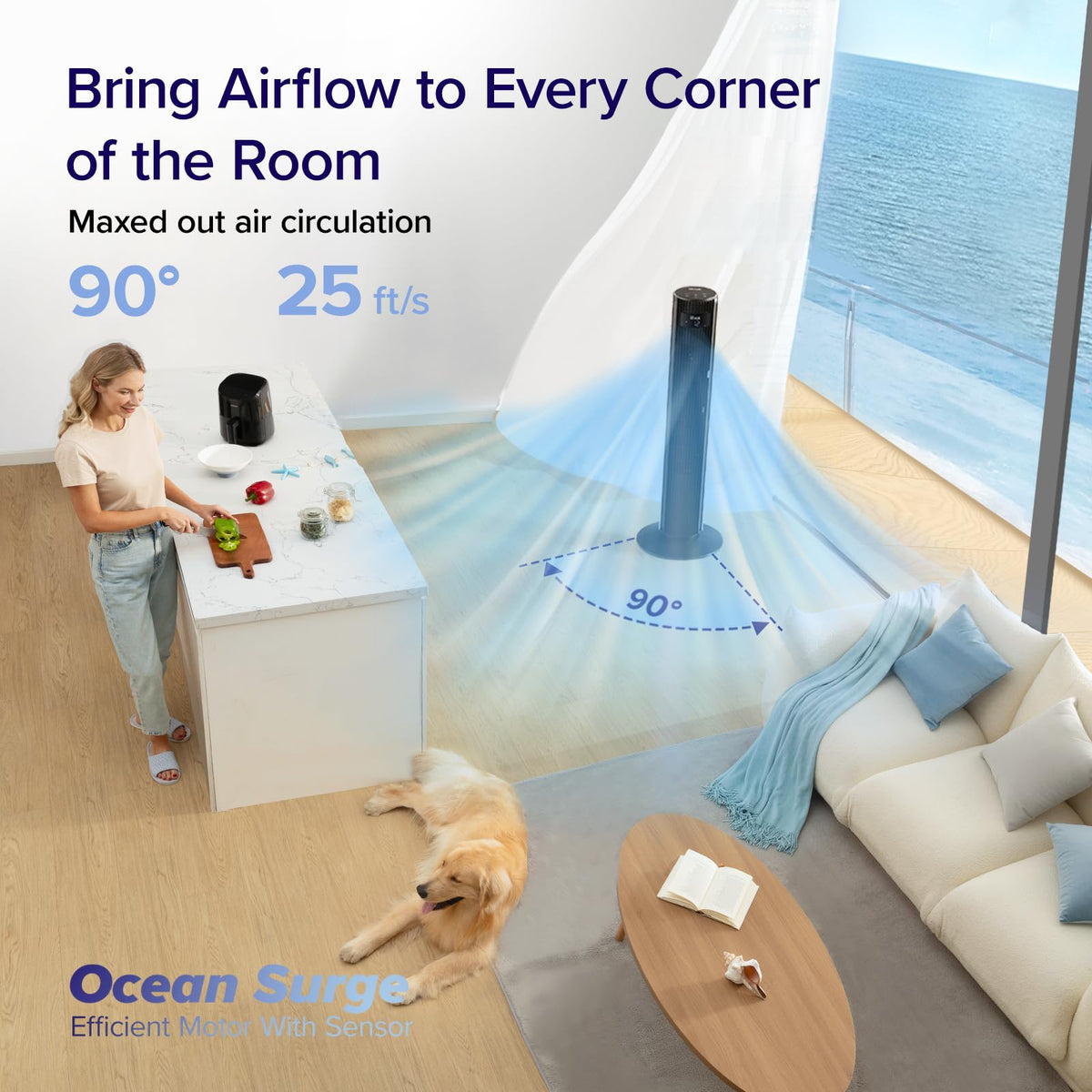 Levoit Tower Fan for Bedroom, Standing Fan with 36”-47” Adjustable Height