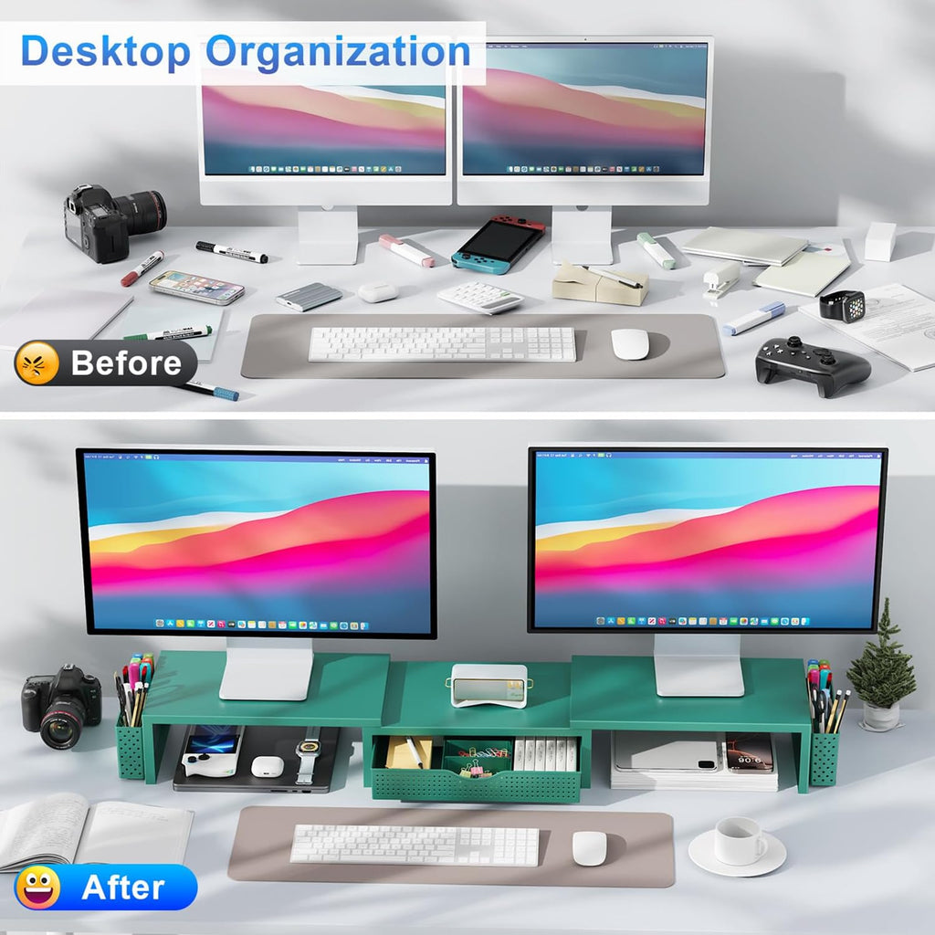 Dual Monitor Stand Riser with Storage Drawer & Pen Holders