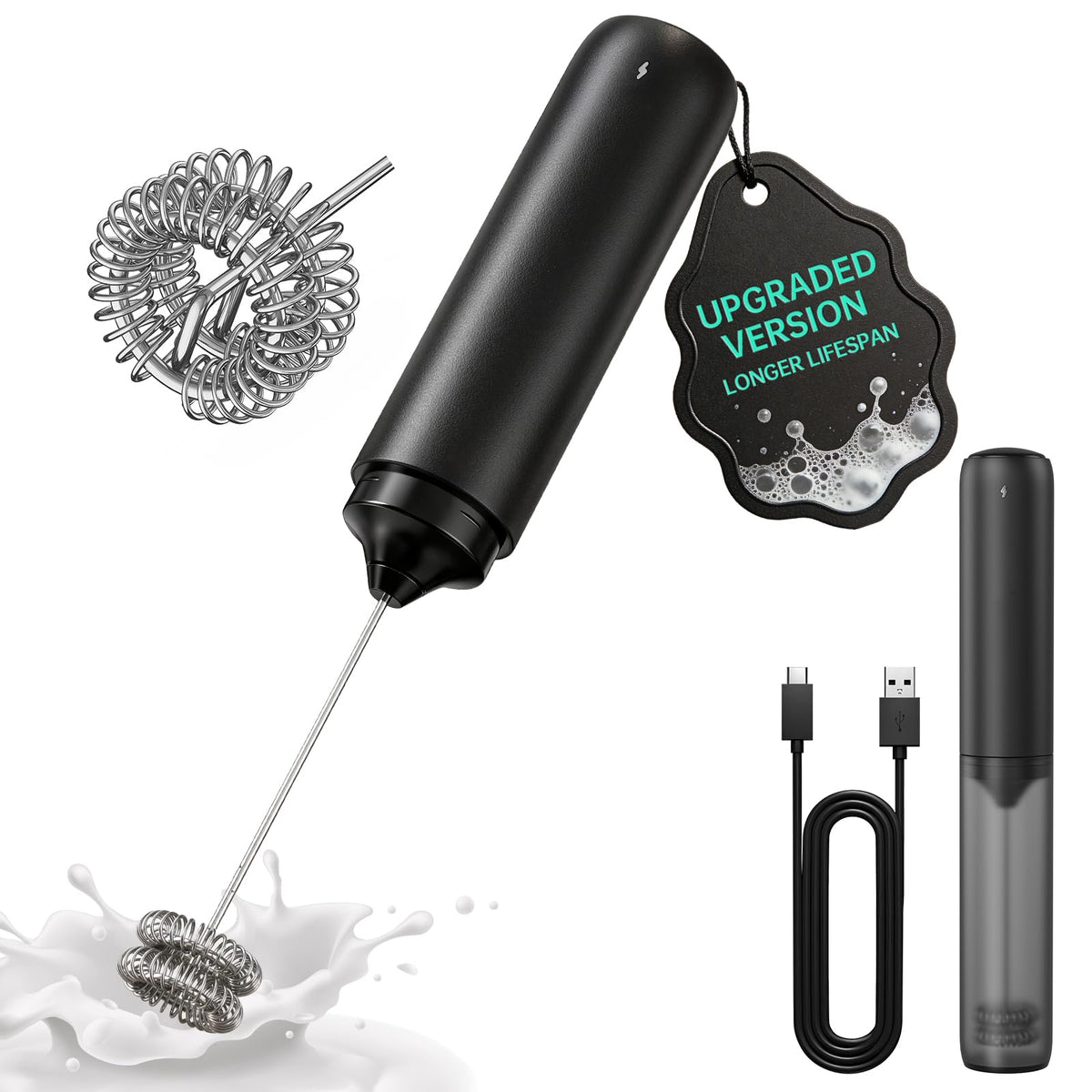 CIRCLE JOY Rechargeable Milk Frother Handheld, Dual Coil Whisk Head Electric Coffee Frother, Portable Hand Frother Wand Drink Mixer for Matcha Lattes Cappuccino, Kitchen Gifts, Black