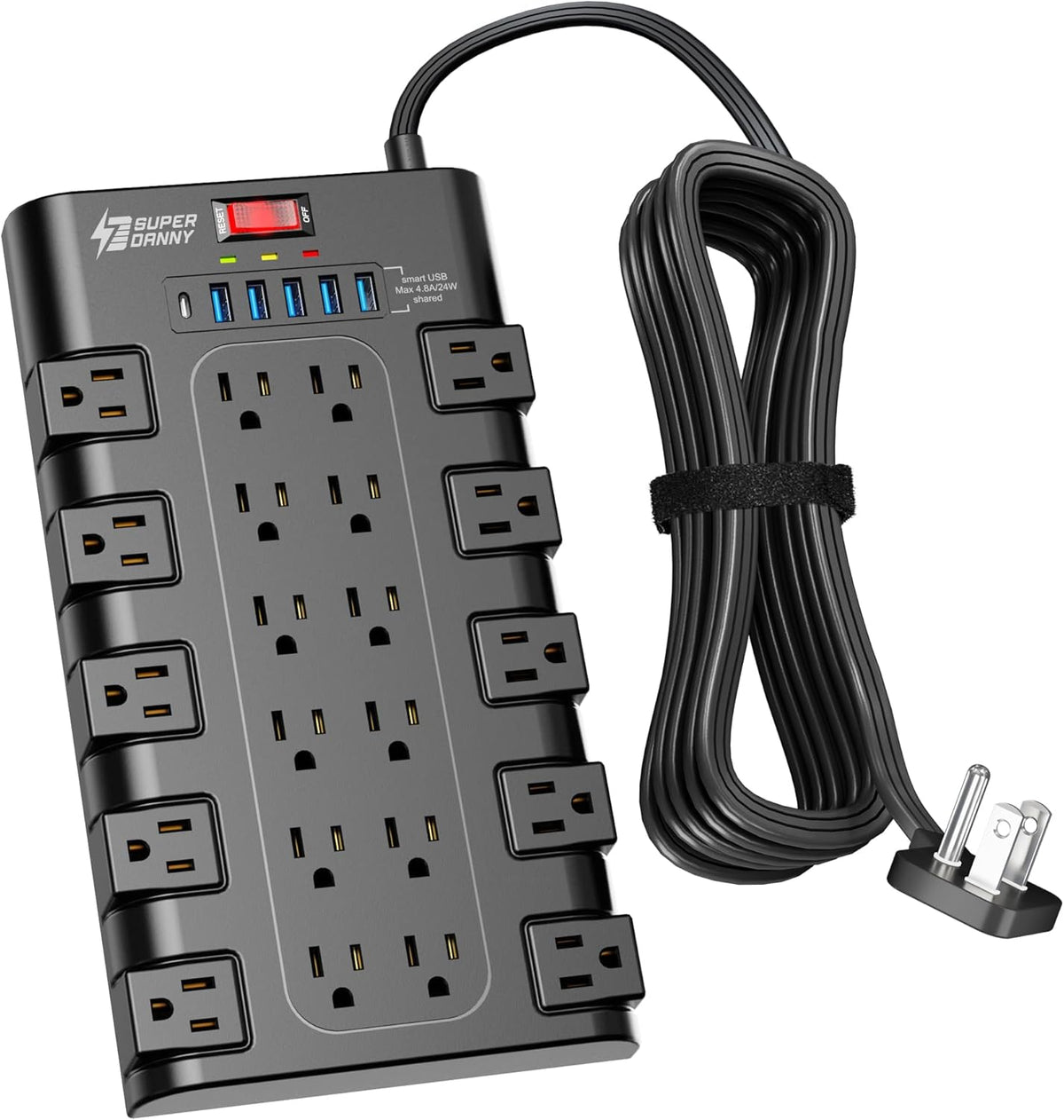 SUPERDANNY Power Strip Surge Protector, 22 AC 6 USB, 2100J, 6.5Ft,1875W/15A
