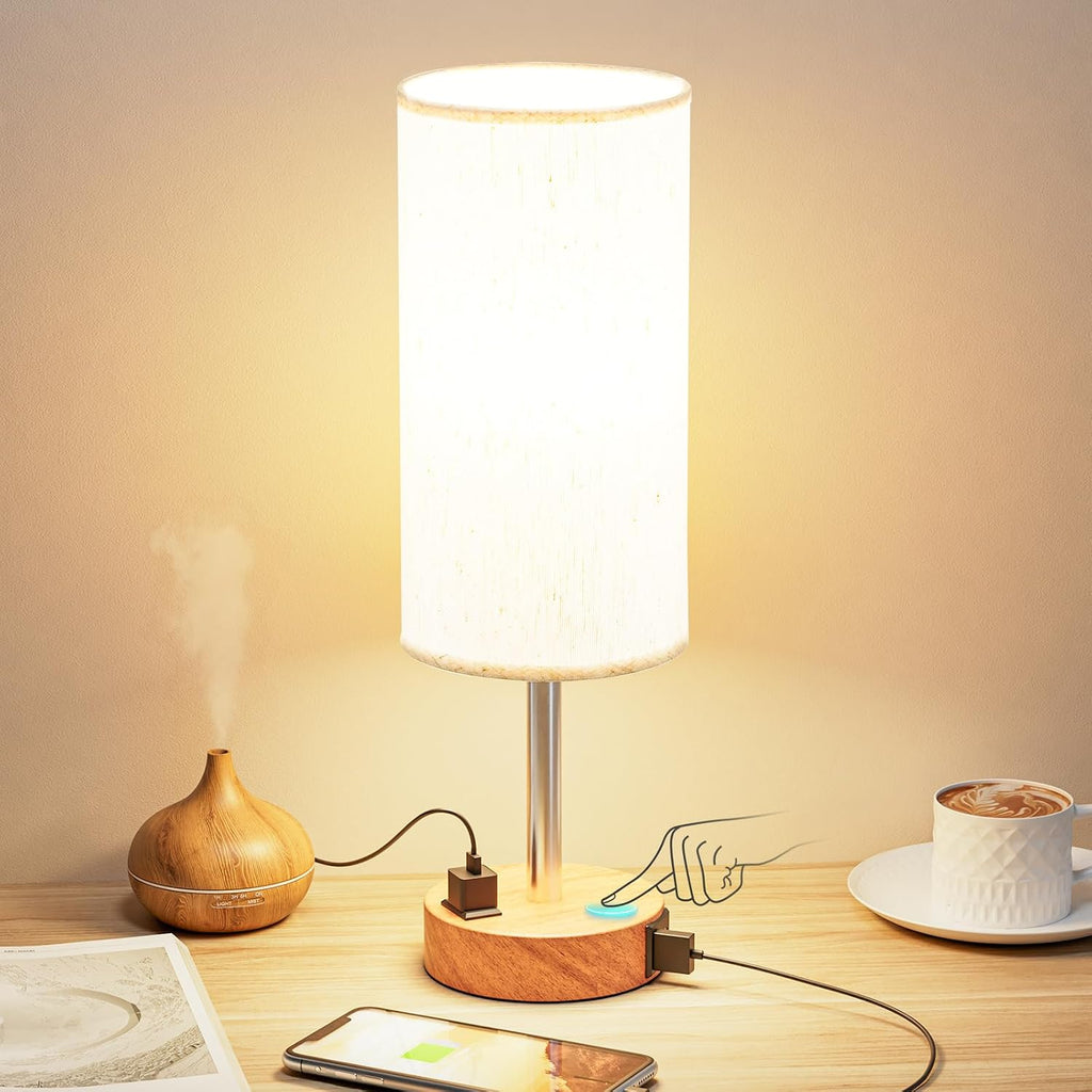 Bedside Table Lamp - Dimmable Touch, Wood-Grain Metal Base