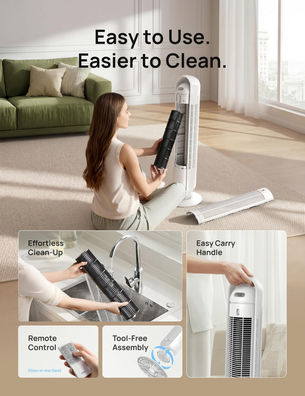 DREO Tower Fan for Bedroom, 25ft/s Velocity, 28dB Ultra Quiet, 4 Speeds