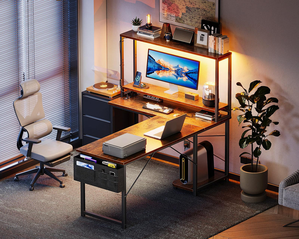 L Shaped Desk Gaming Desk with LED Light & Power Outlet | 53 Inch Home Office