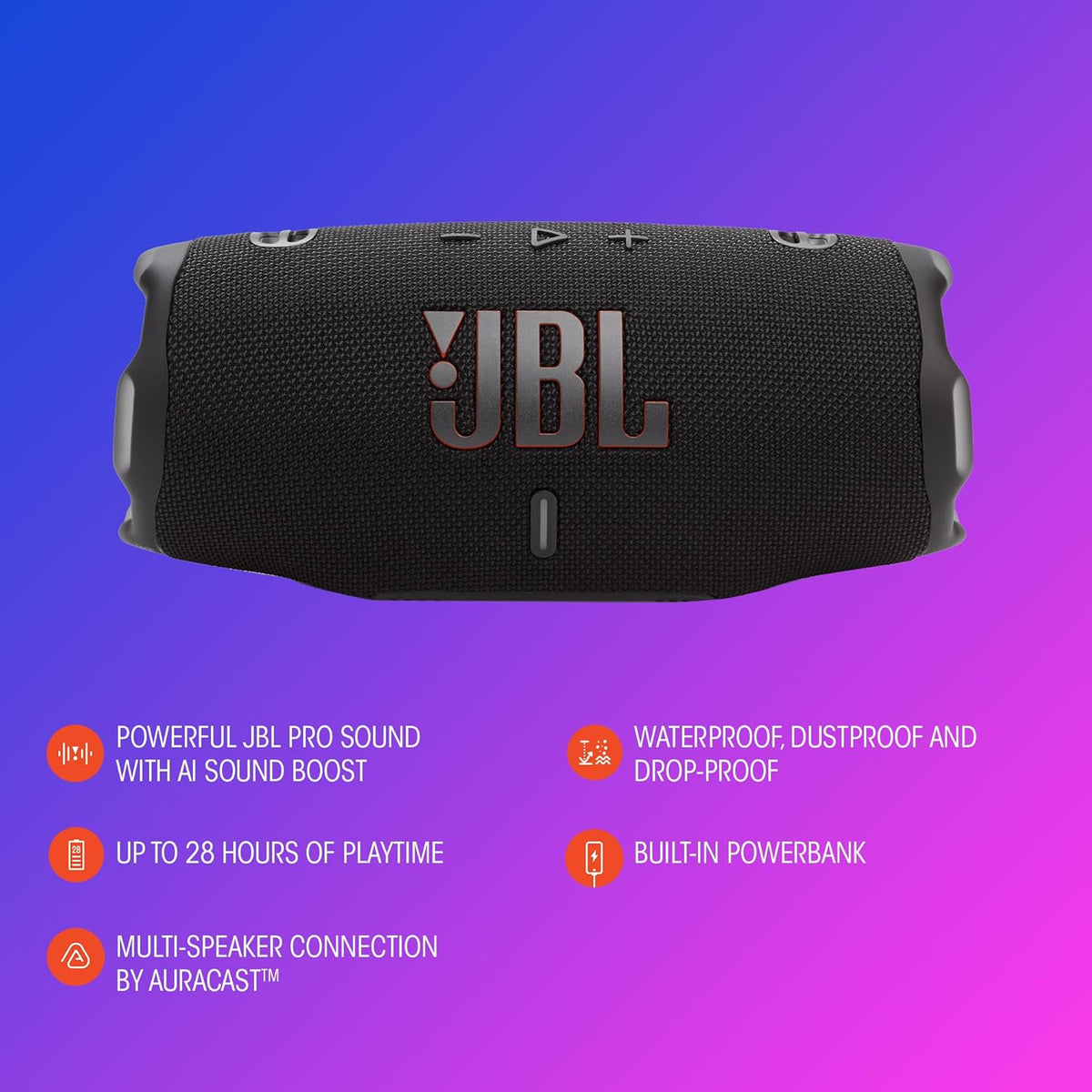 JBL Charge 6 Portable Bluetooth Speaker, Waterproof, Drop-Proof - Black