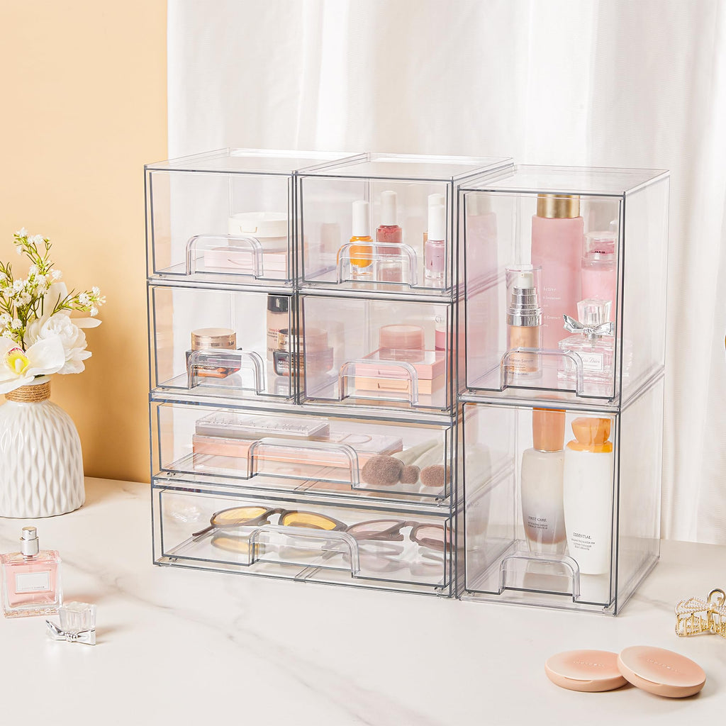 Clear Stackable Storage Drawers Set of 5, Plastic Organizer Bins |