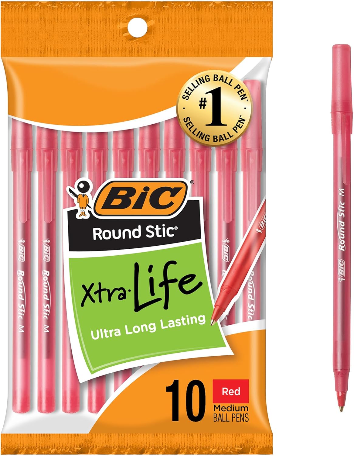 BIC Round Stic Xtra Life Blue Ballpoint Pens, 10-Count Pack, 1.0mm