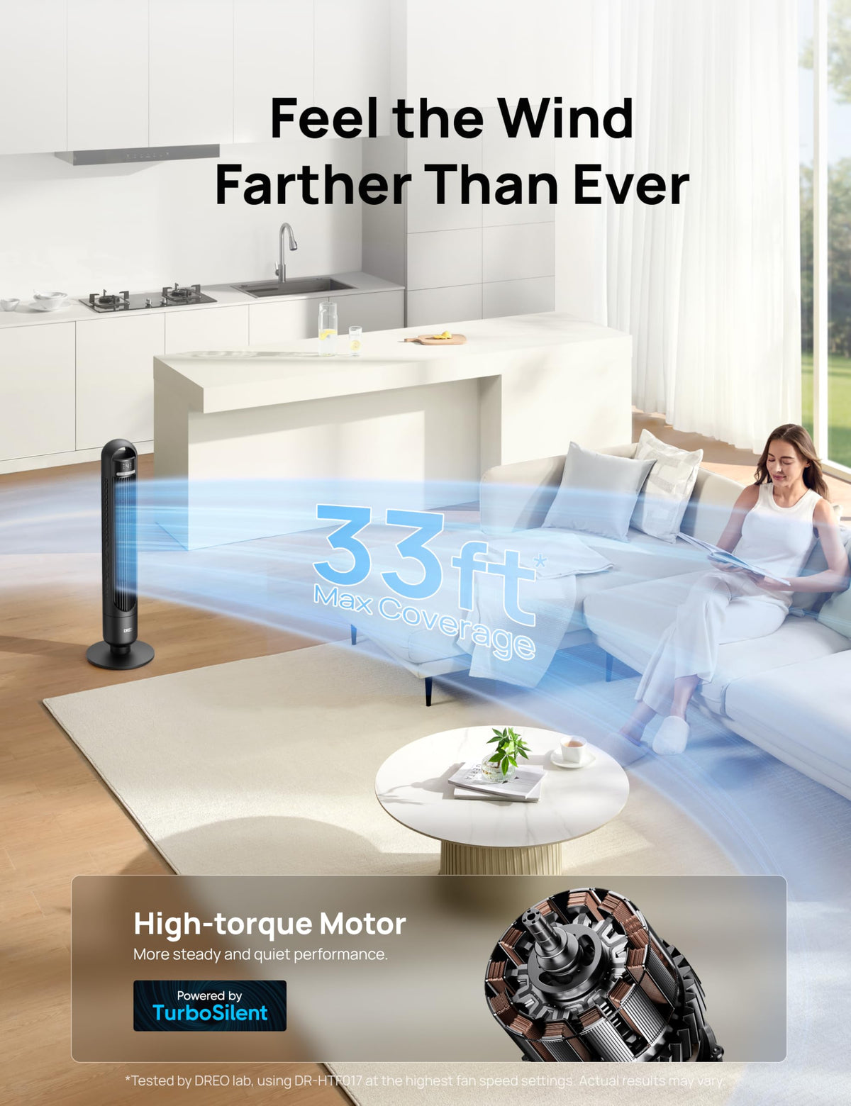 DREO Tower Fan for Bedroom, 25ft/s Velocity, 28dB Ultra Quiet, 4 Speeds