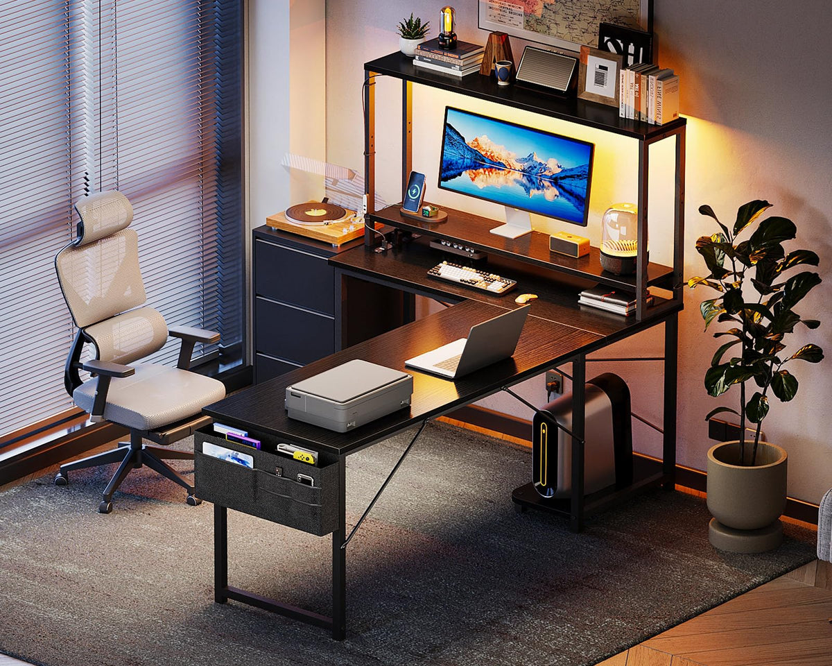 L Shaped Desk Gaming Desk with LED Light & Power Outlet | 53 Inch Home Office