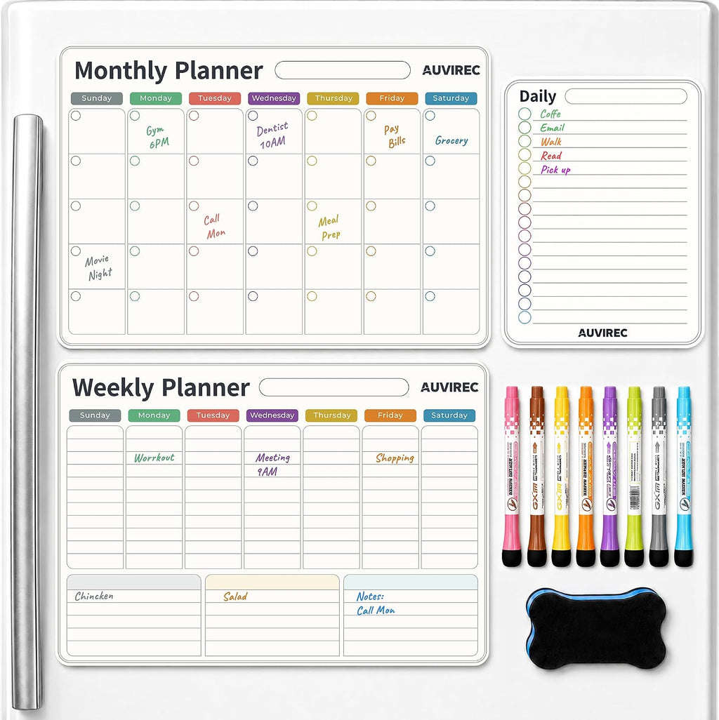 Magnetic Calendar for Refrigerator, 3-Pack |Nano-Tech Surface, 17"x12", 8 Markers & Eraser