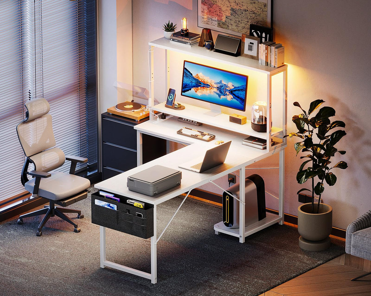 L Shaped Desk Gaming Desk with LED Light & Power Outlet | 53 Inch Home Office