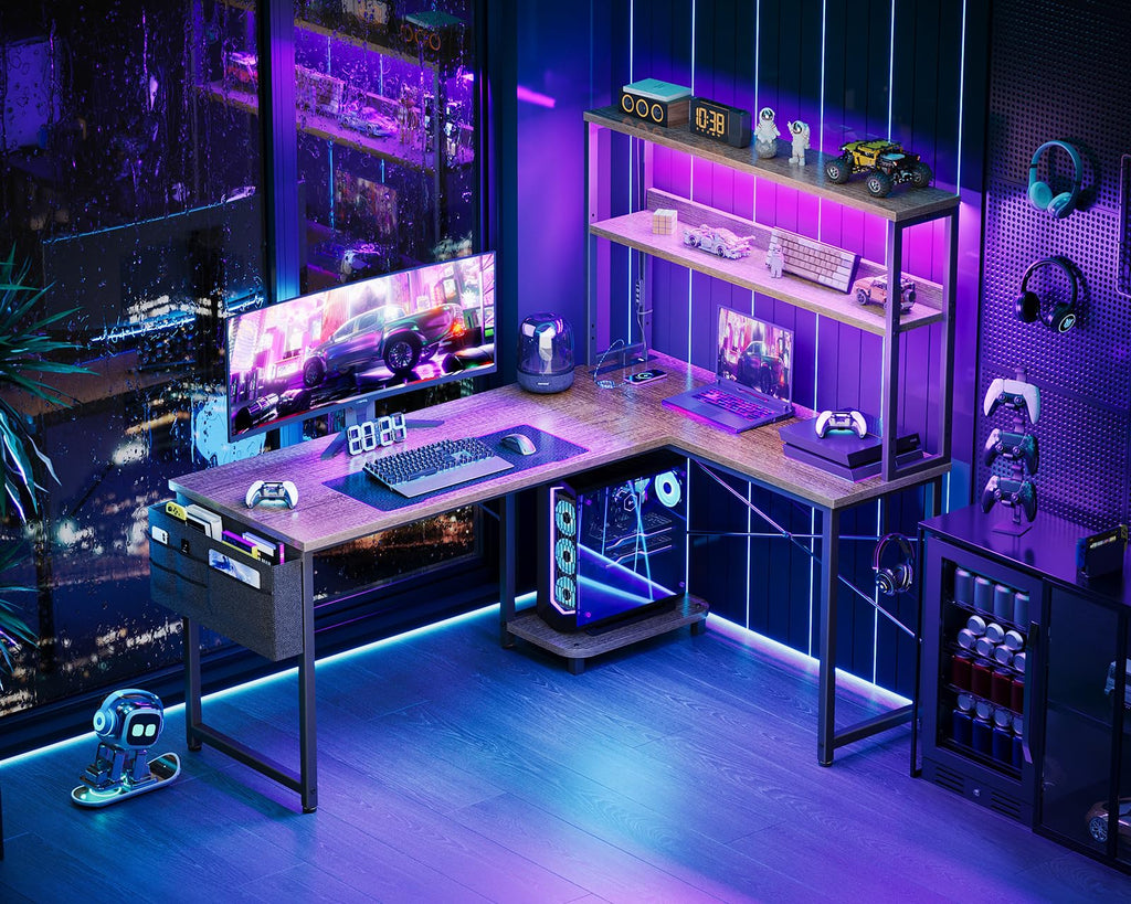 L Shaped Desk Gaming Desk with LED Light & Power Outlet | 53 Inch Home Office