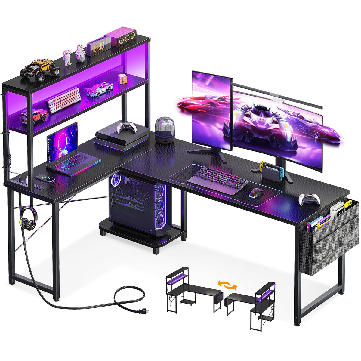 L Shaped Desk Gaming Desk with LED Light & Power Outlet | 53 Inch Home Office
