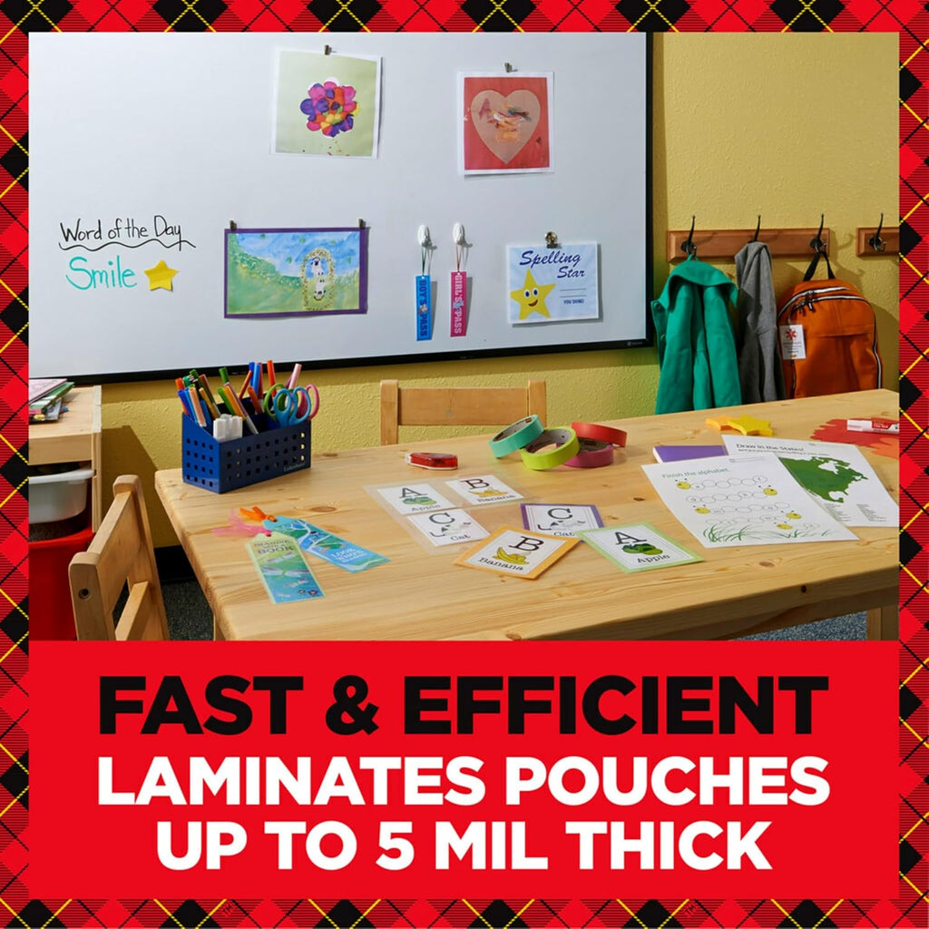 Children's classroom with educational materials and a whiteboard, featuring text about laminate pouches.