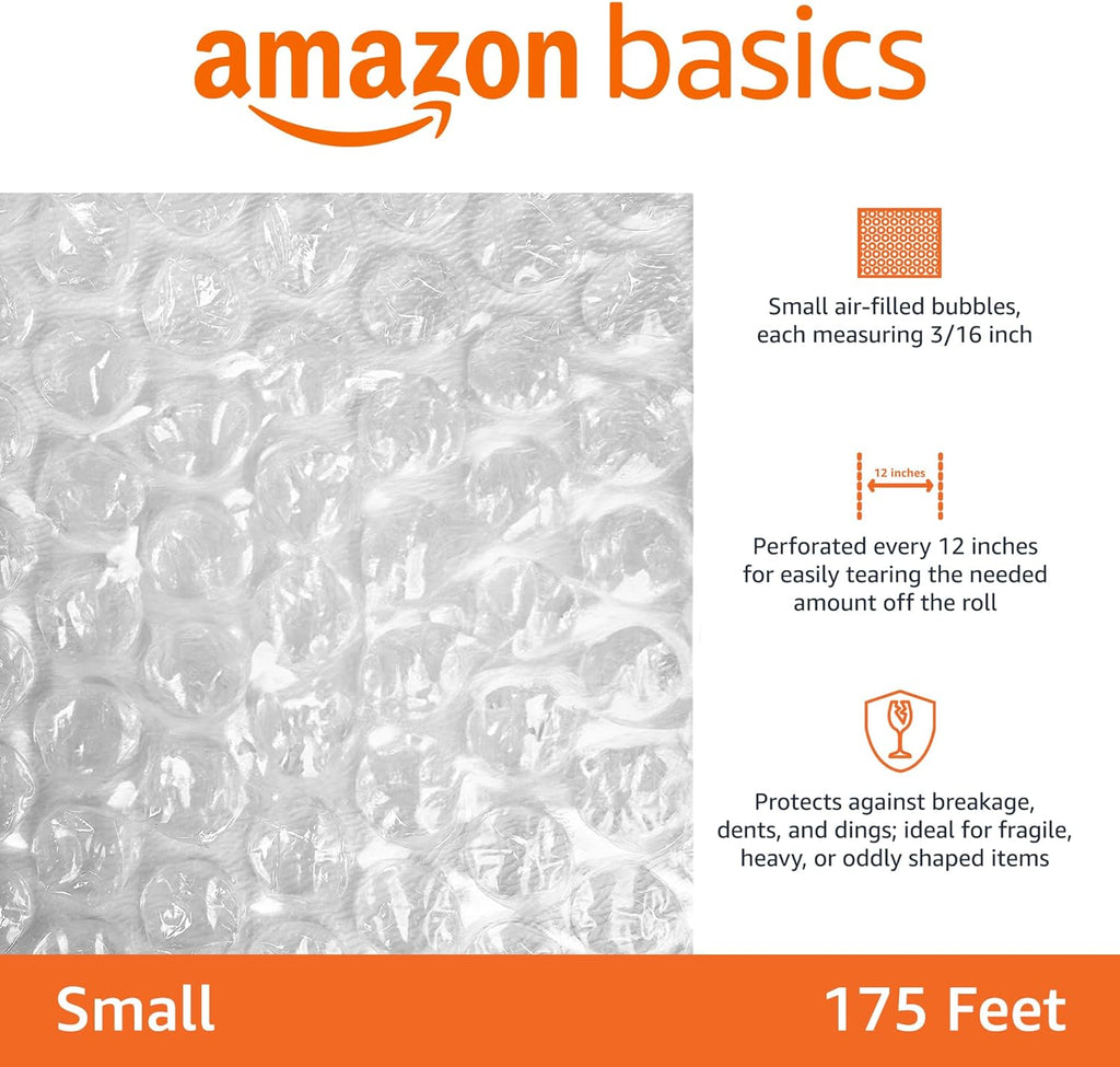 Amazon Basics small bubble wrap packaging material showing a close-up of the perforated air-filled bubbles on the left, with product details on the right including size, tear distance, and protection against breakage, dents, and dings. The top and bottom have orange Amazon branding and size information.
