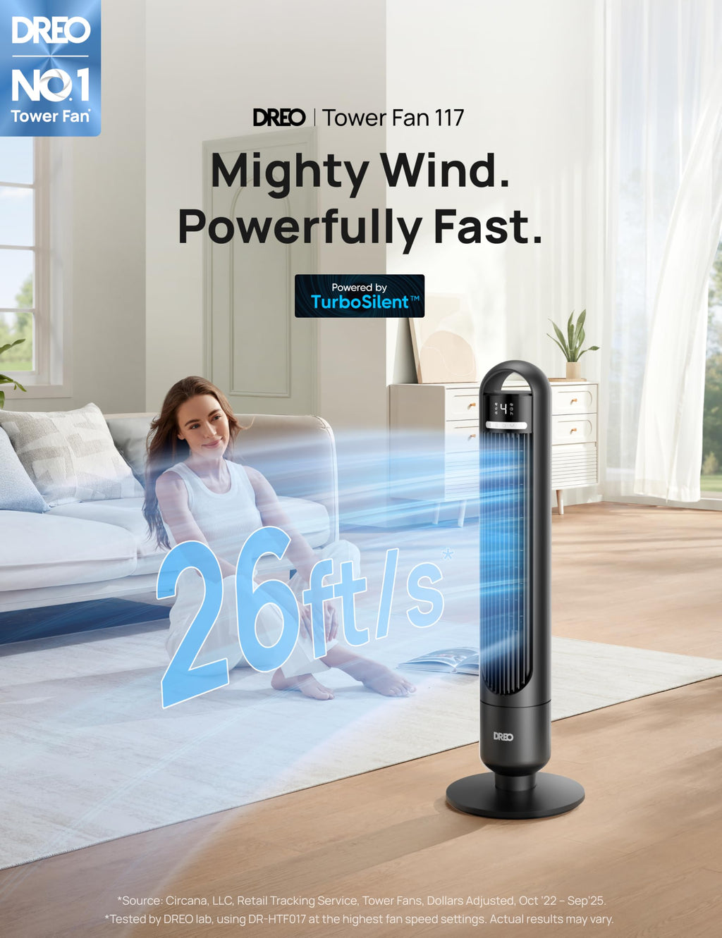 DREO Tower Fan for Bedroom, 25ft/s Velocity, 28dB Ultra Quiet, 4 Speeds