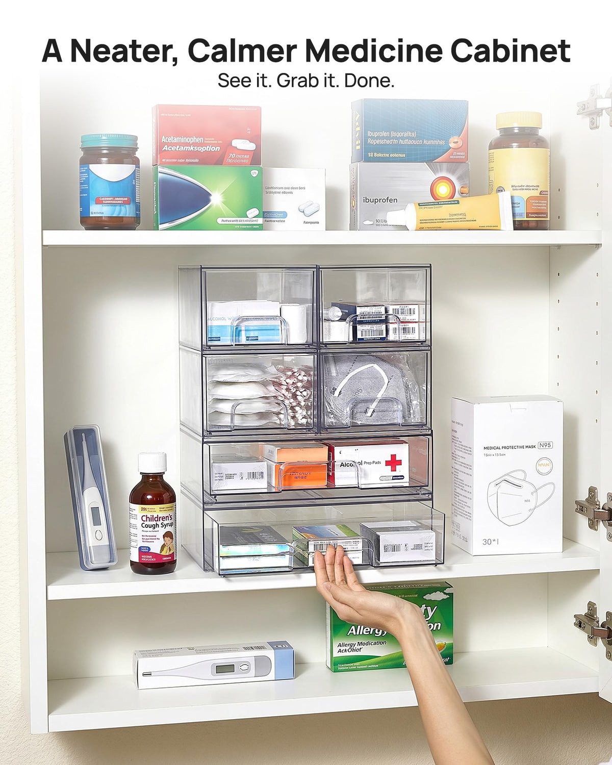 Clear Stackable Storage Drawers Set of 5, Plastic Organizer Bins |