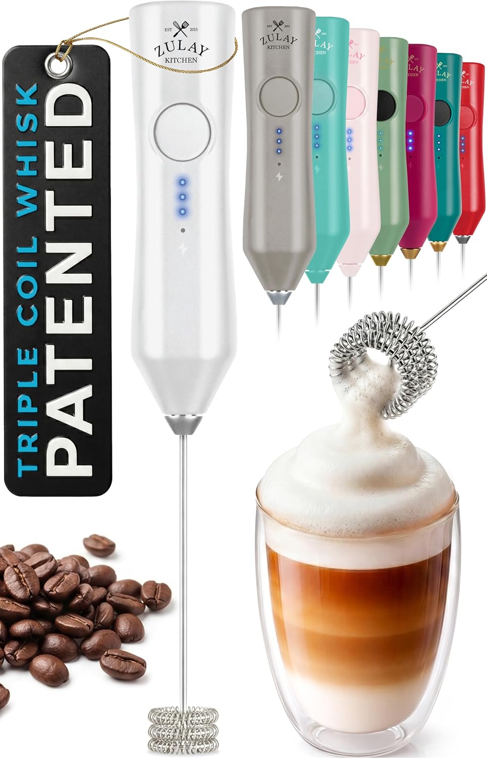 Zulay Kitchen Rechargeable Milk Frother Handheld - Frother Wand, Drink Mixer, Electric Whisk Frother, for Cappuccinos, Matcha & Protein Powder - Dynamic 3 Whisk, 3 Speed 500mAh Black