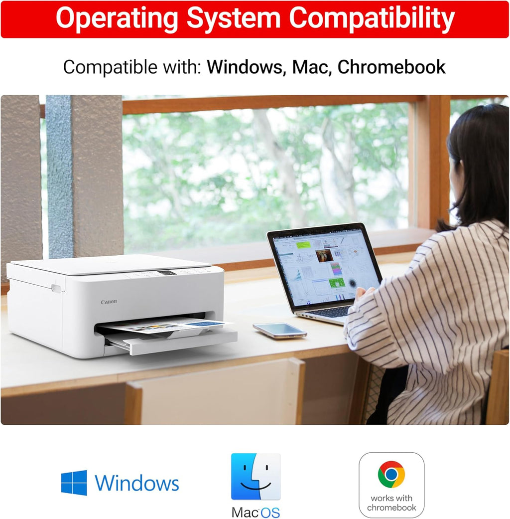 Person using a laptop with a Canon printer on a desk, featuring compatibility text and logos.