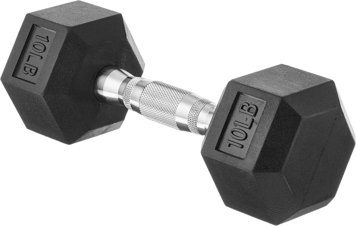 Pair of hexagonal dumbbells with 10 lb labels on a white background