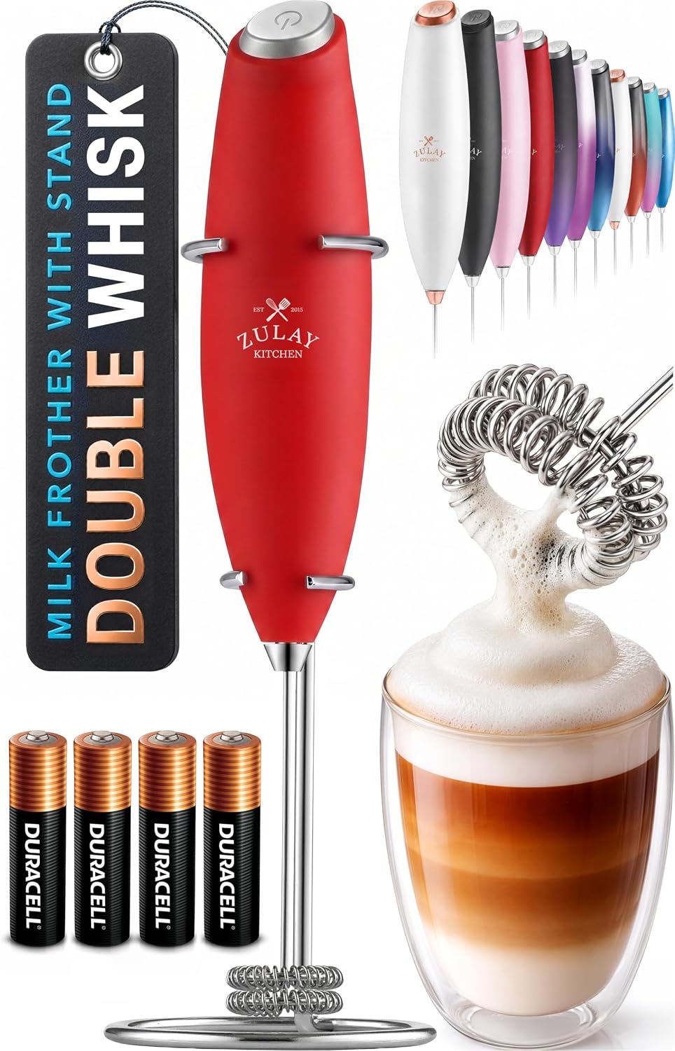 Zulay Kitchen Rechargeable Milk Frother Handheld - Frother Wand, Drink Mixer, Electric Whisk Frother, for Cappuccinos, Matcha & Protein Powder - Dynamic 3 Whisk, 3 Speed 500mAh Black