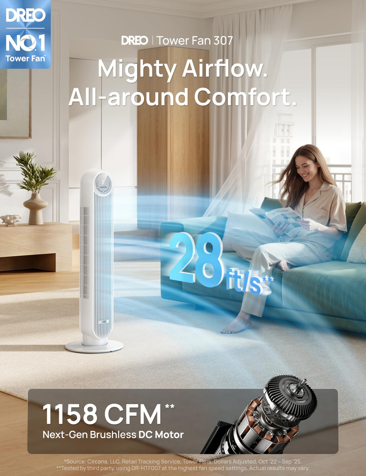 DREO Tower Fan for Bedroom, 25ft/s Velocity, 28dB Ultra Quiet, 4 Speeds