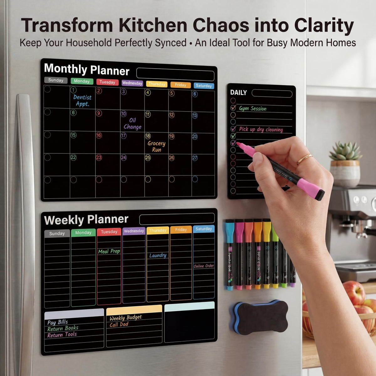 Magnetic Calendar for Refrigerator, 3-Pack |Nano-Tech Surface, 17"x12", 8 Markers & Eraser