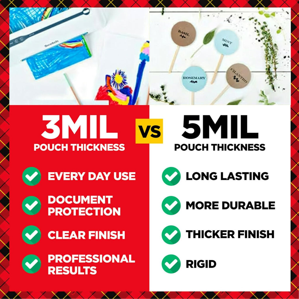 Comparison chart of 3mil and 5mil pouch thickness with visual examples on a red and white background.