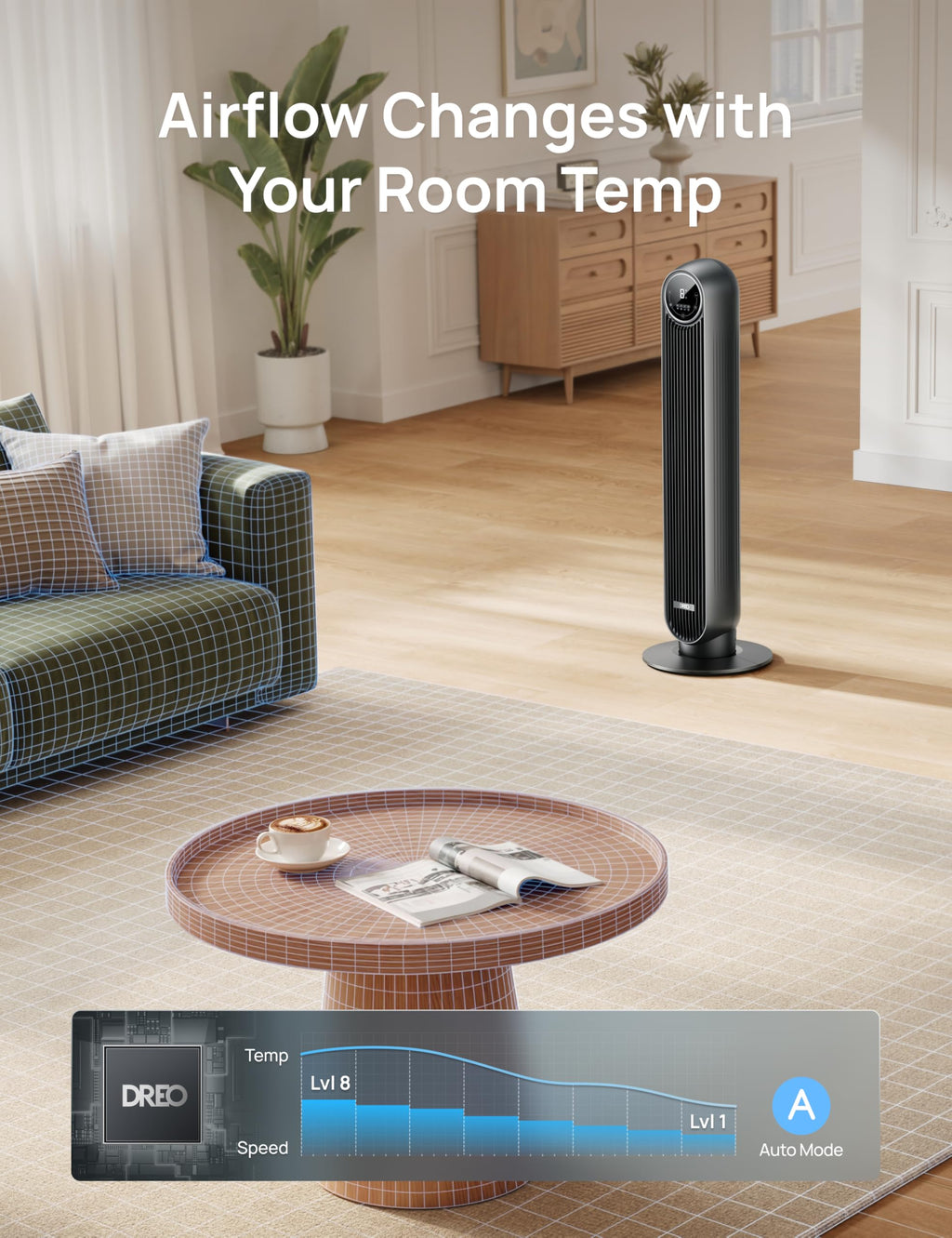 DREO Tower Fan for Bedroom, 25ft/s Velocity, 28dB Ultra Quiet, 4 Speeds