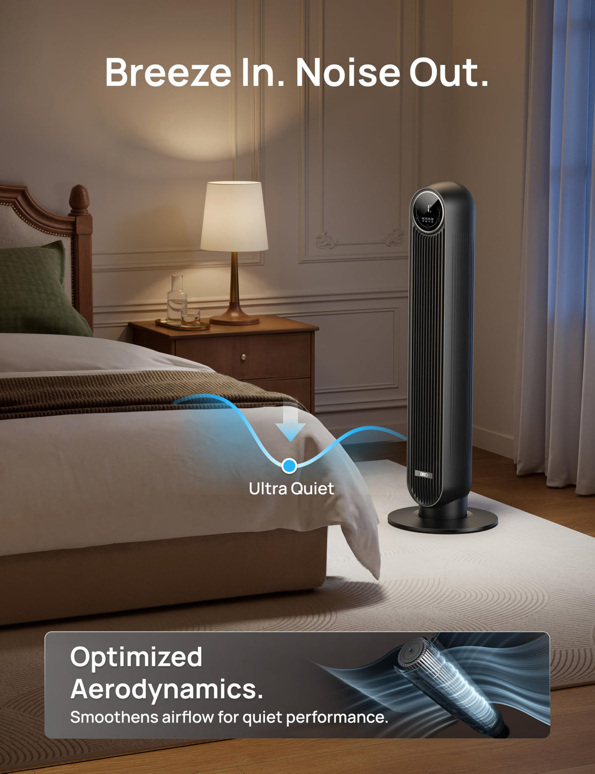 DREO Tower Fan for Bedroom, 25ft/s Velocity, 28dB Ultra Quiet, 4 Speeds