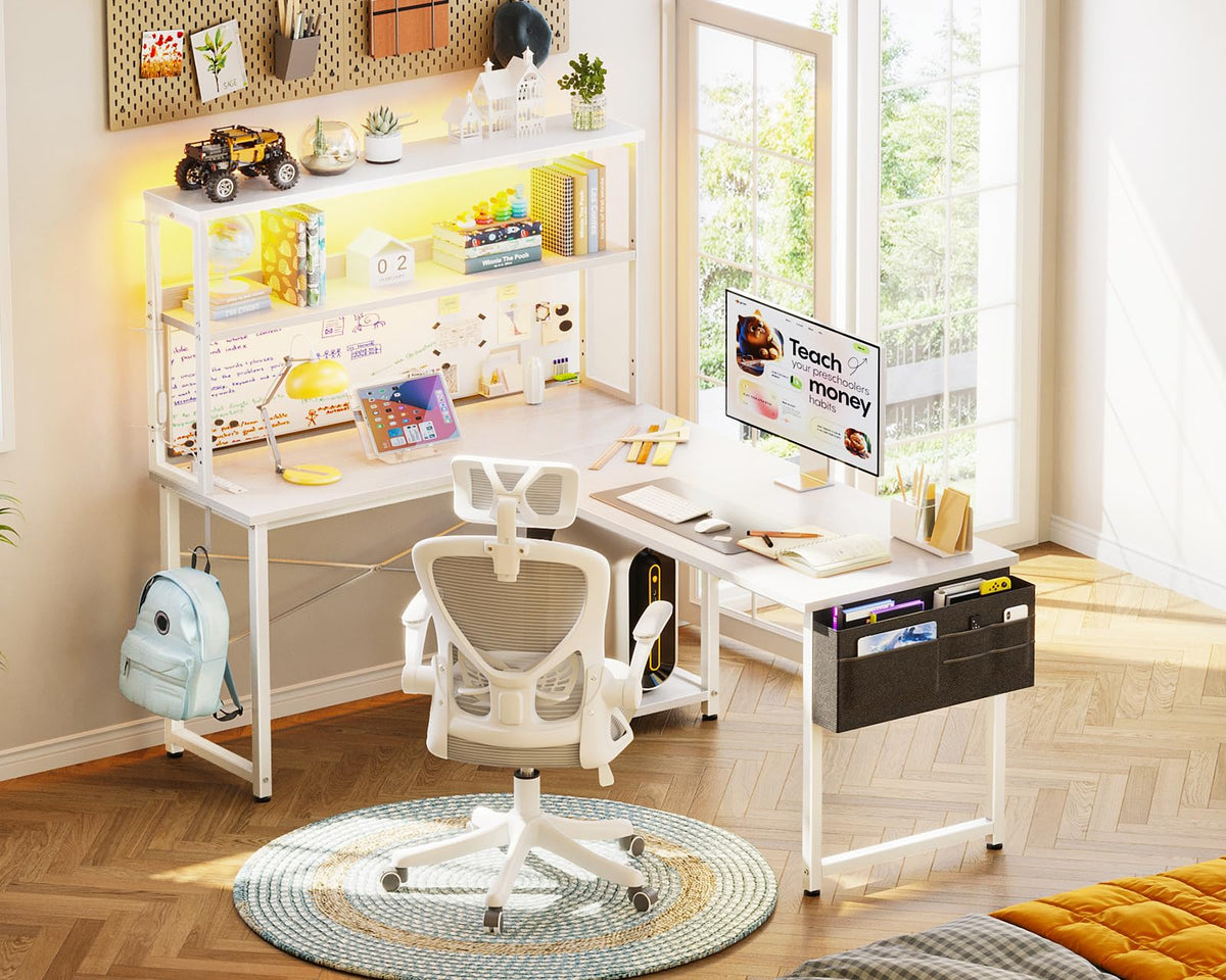 L Shaped Desk Gaming Desk with LED Light & Power Outlet | 53 Inch Home Office