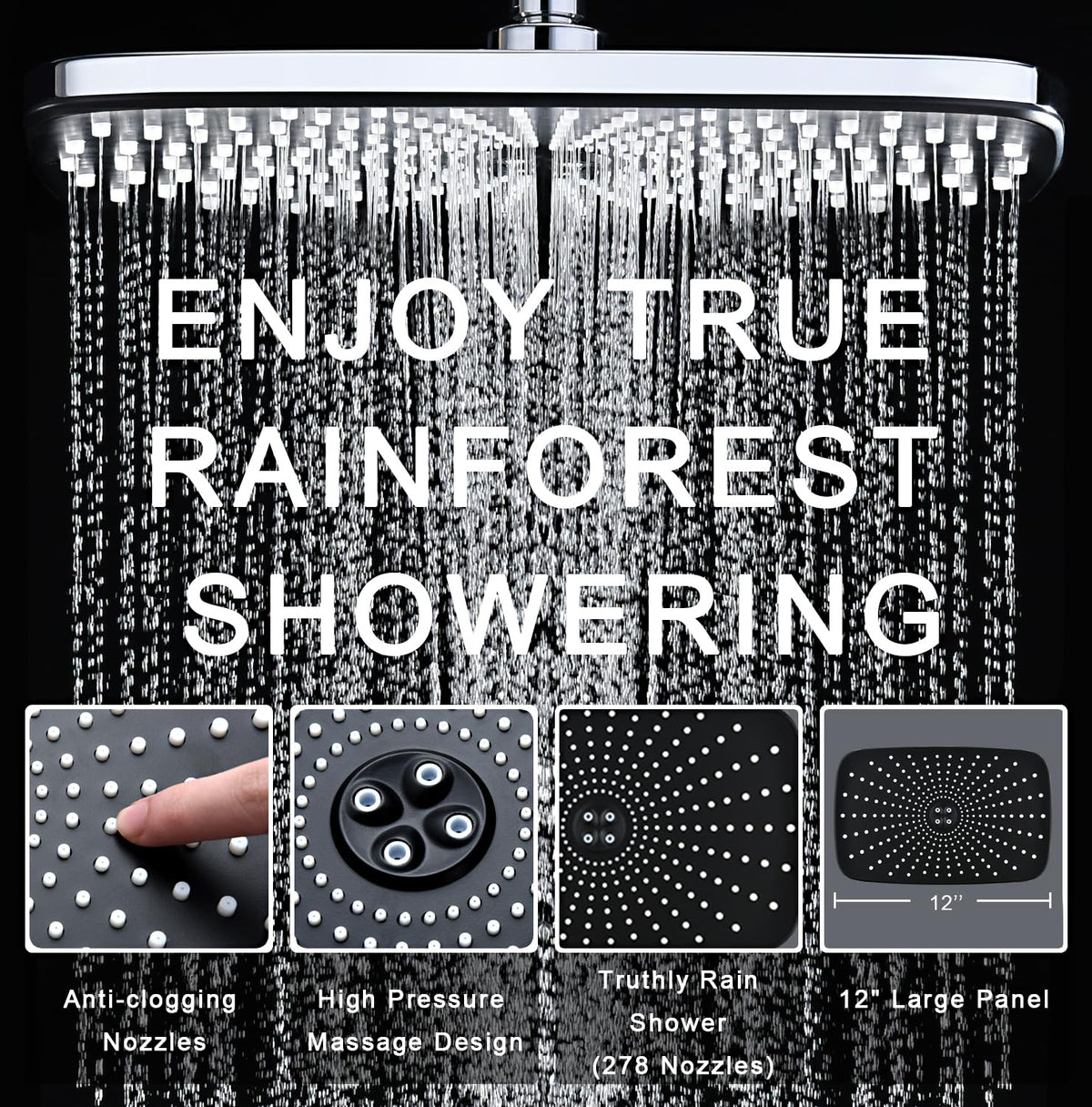 Shower Head with Rainfall Patter | Handheld Showerhead | Black | 1.8GPM