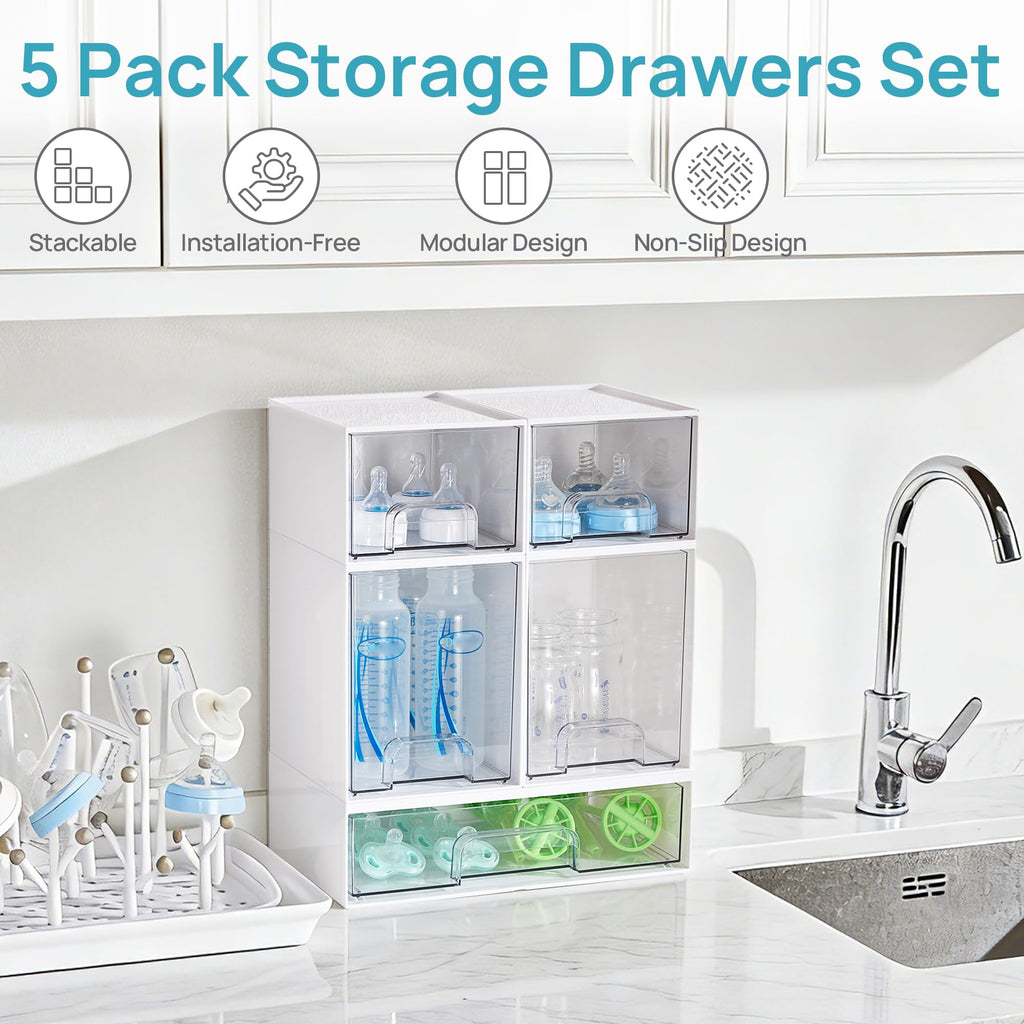 Clear Stackable Storage Drawers Set of 5, Plastic Organizer Bins |