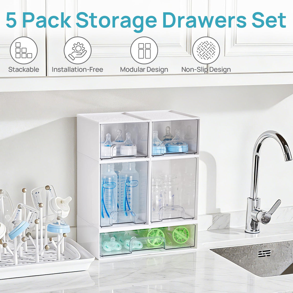Clear Stackable Storage Drawers Set of 5, Plastic Organizer Bins |