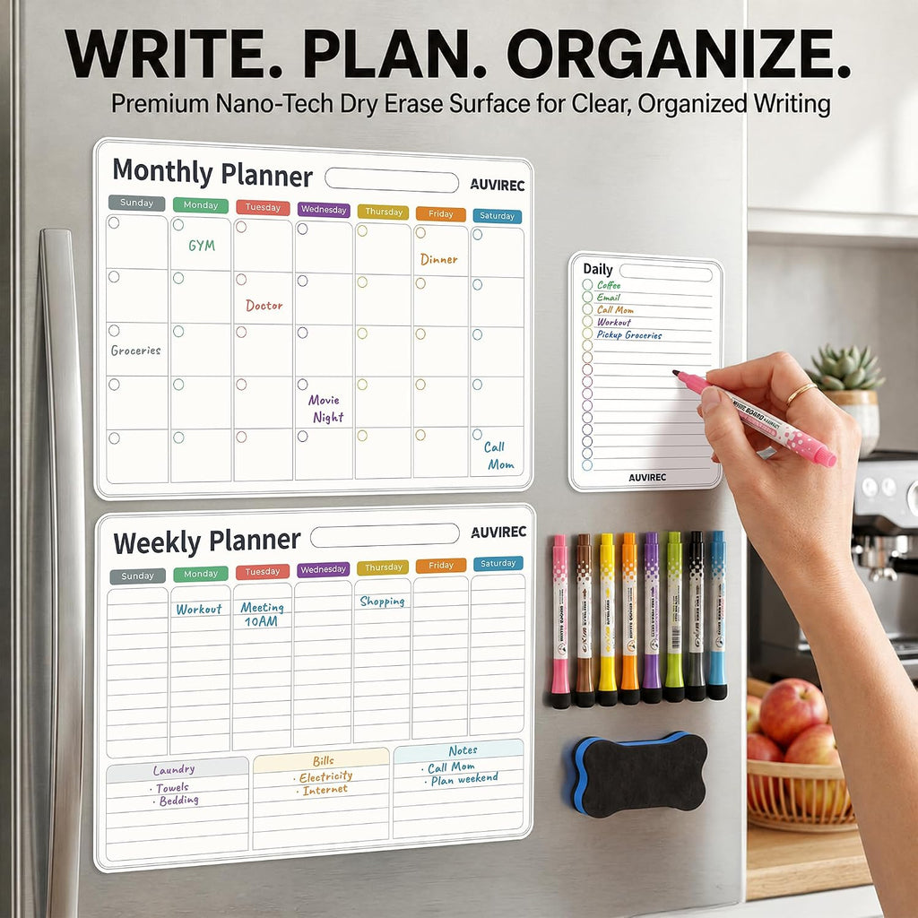 Magnetic Calendar for Refrigerator, 3-Pack |Nano-Tech Surface, 17"x12", 8 Markers & Eraser