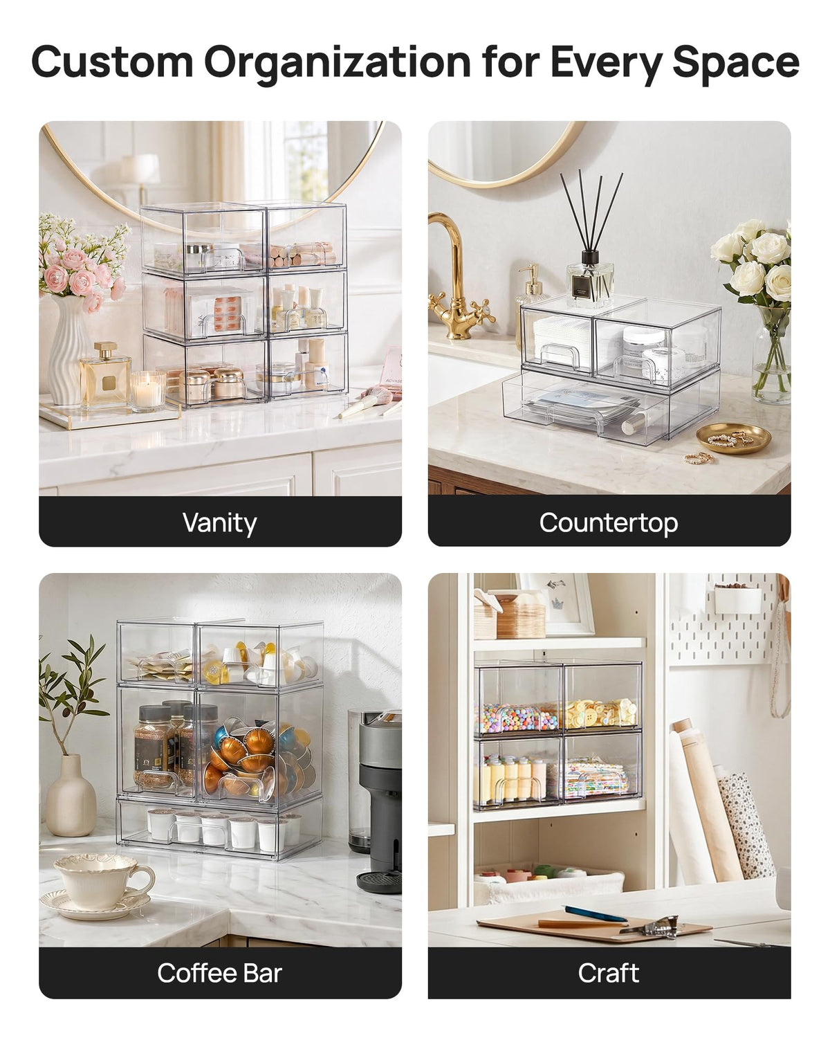 Clear Stackable Storage Drawers Set of 5, Plastic Organizer Bins |