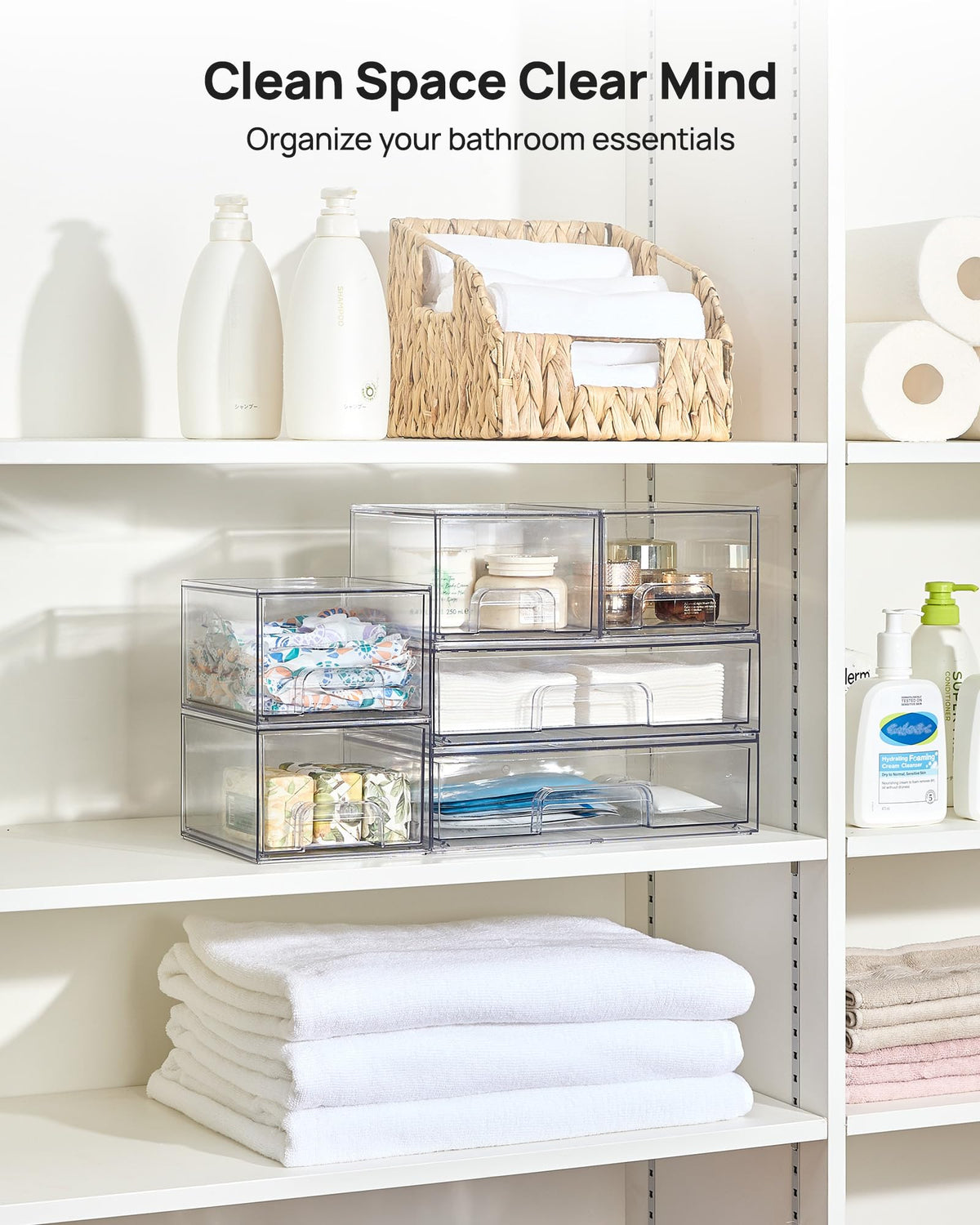 Clear Stackable Storage Drawers Set of 5, Plastic Organizer Bins |