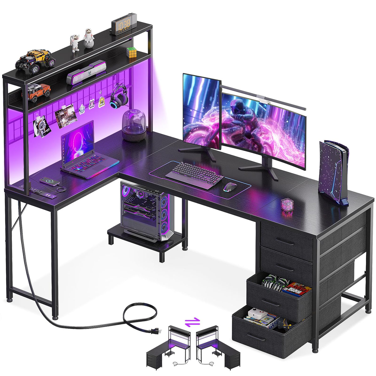 L Shaped Desk Gaming Desk with LED Light & Power Outlet | 53 Inch Home Office