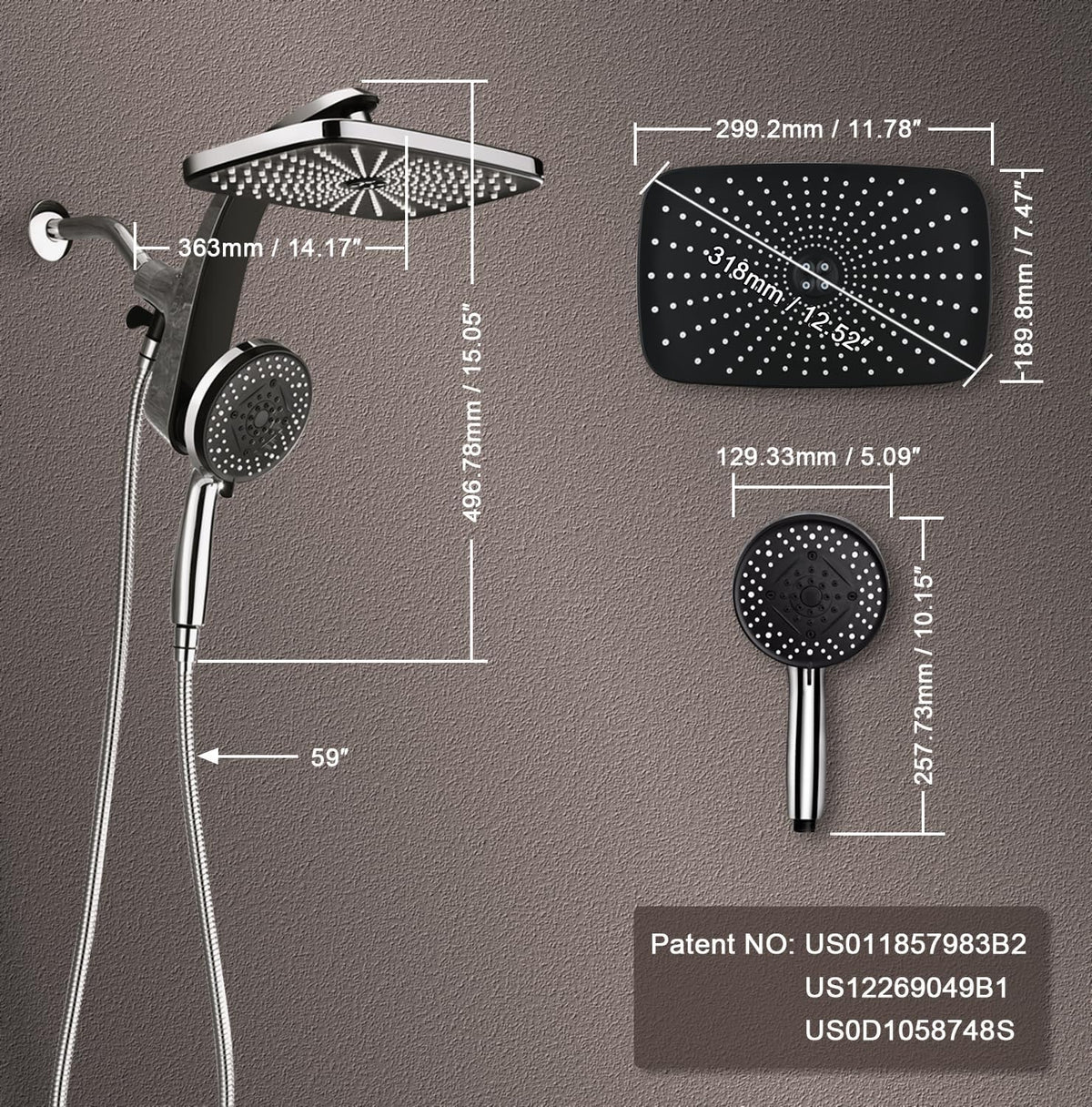 Shower head set with measurements on a gray background