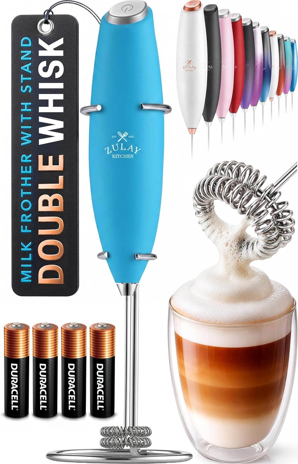Zulay Kitchen Rechargeable Milk Frother Handheld - Frother Wand, Drink Mixer, Electric Whisk Frother, for Cappuccinos, Matcha & Protein Powder - Dynamic 3 Whisk, 3 Speed 500mAh Black