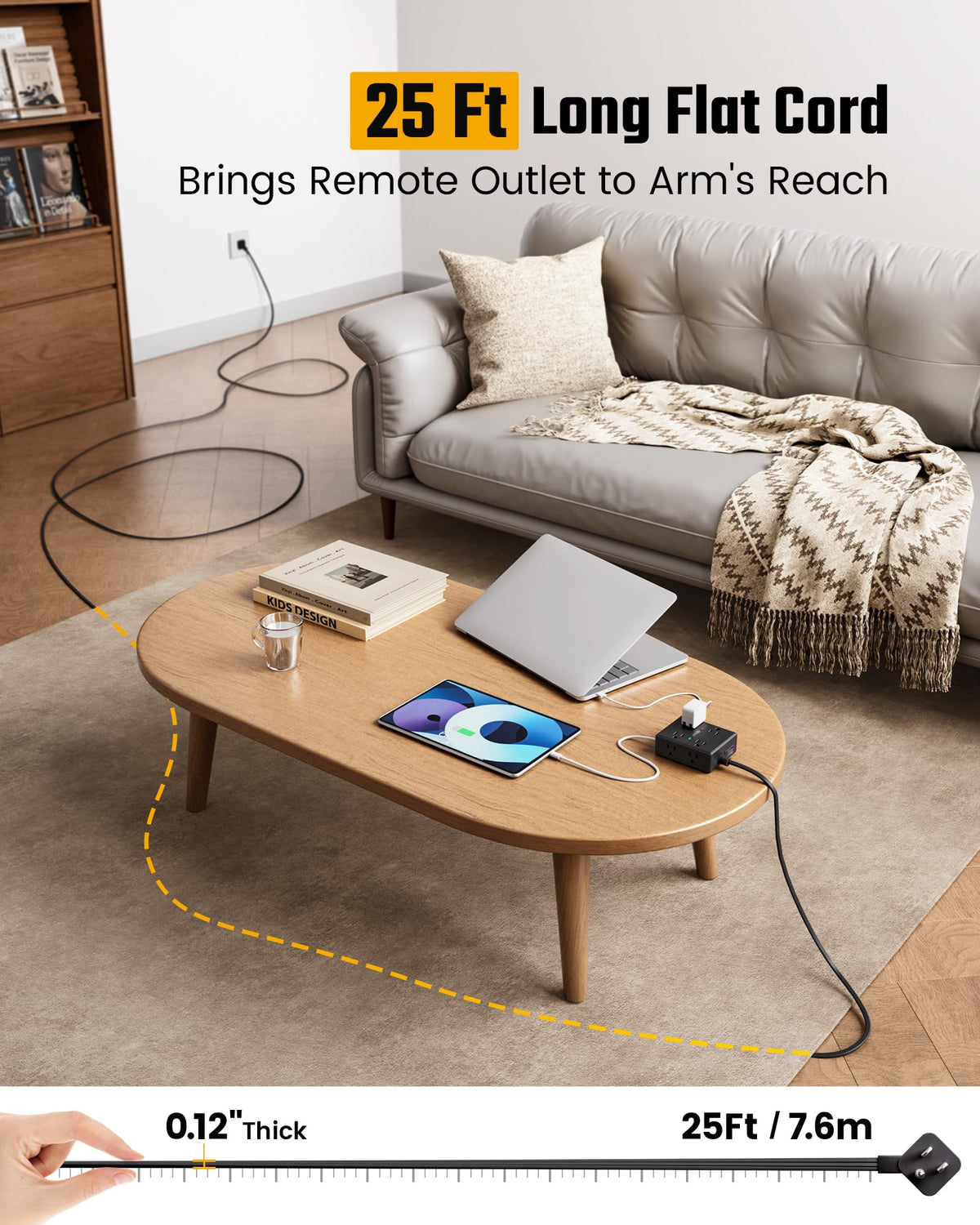 Extension Cord,Flat Plug Surge Protector Power Strip,10Ft | 8 AC & 4 USB Ports